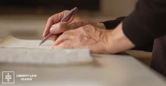 Close up shot of a senior man hands, writing in his old notebook.